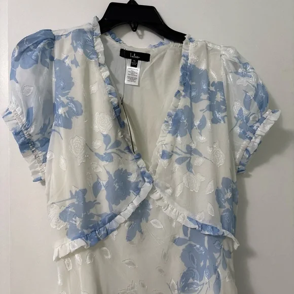Lulu's Cream Midi Dress with Light Blue Floral Print - Picture 2 of 6